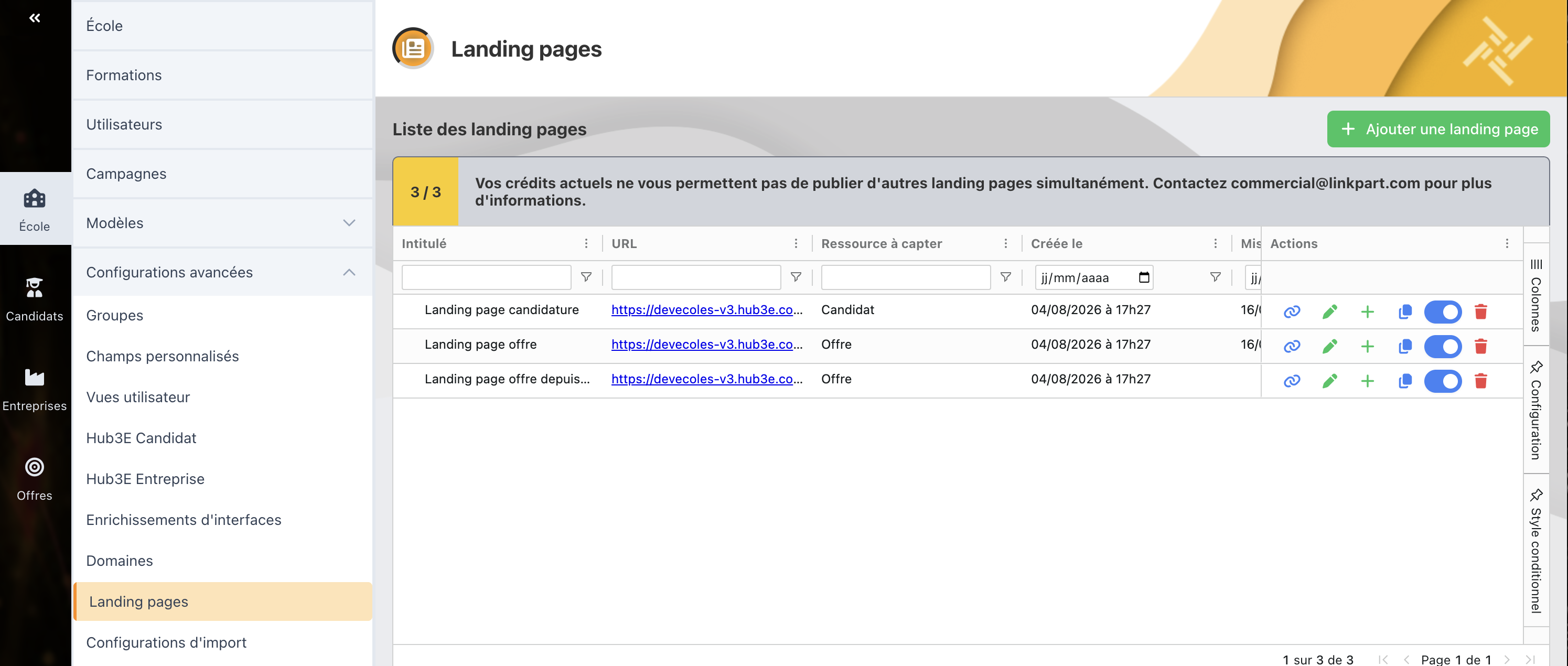 Liste des Landing Pages dans Hub3E, avec le quota de publications et les actions disponibles par ligne