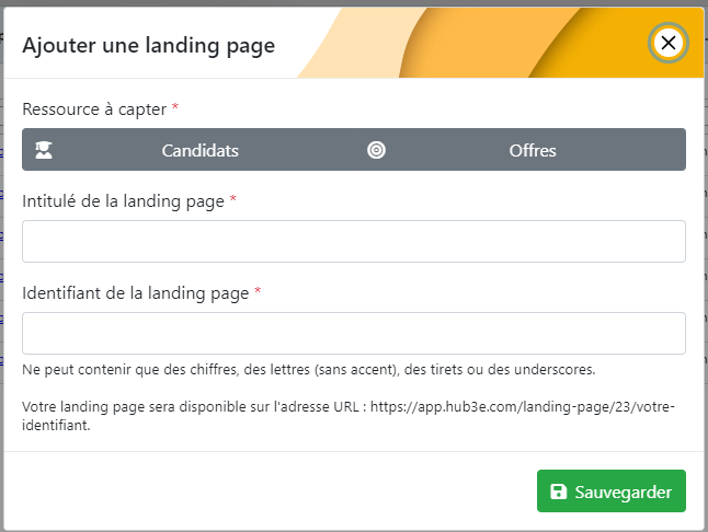 Modale de création d'une Landing Page : ressource à capter, intitulé et identifiant