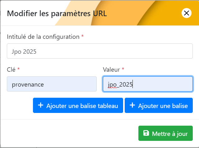 Modale de configuration d'une provenance : intitulé, clé et valeur