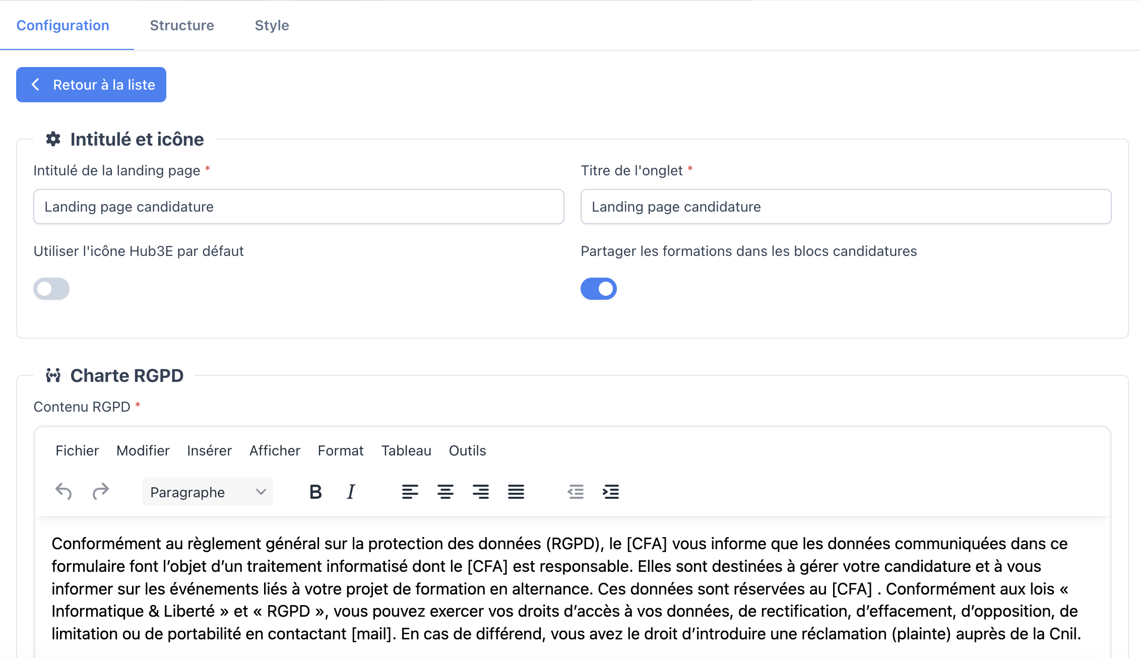 Onglet Configuration : intitulé, titre de l'onglet, icône par défaut, partage des formations et charte RGPD