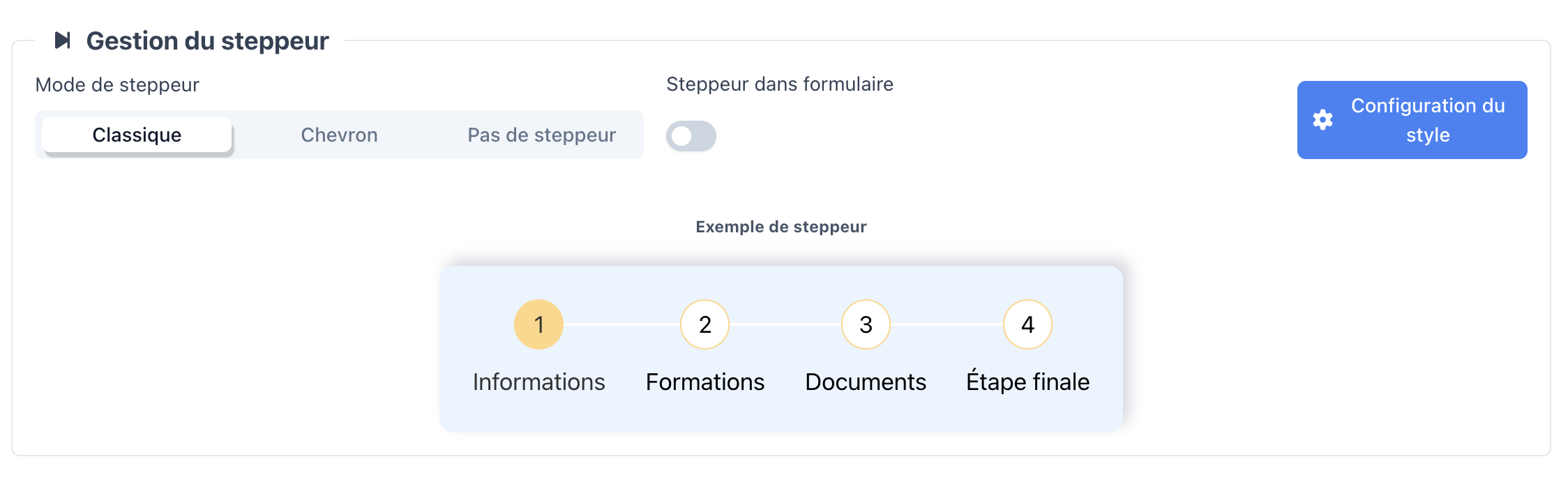 Onglet Style : mode de stepper, position dans le formulaire et accès à la configuration du style