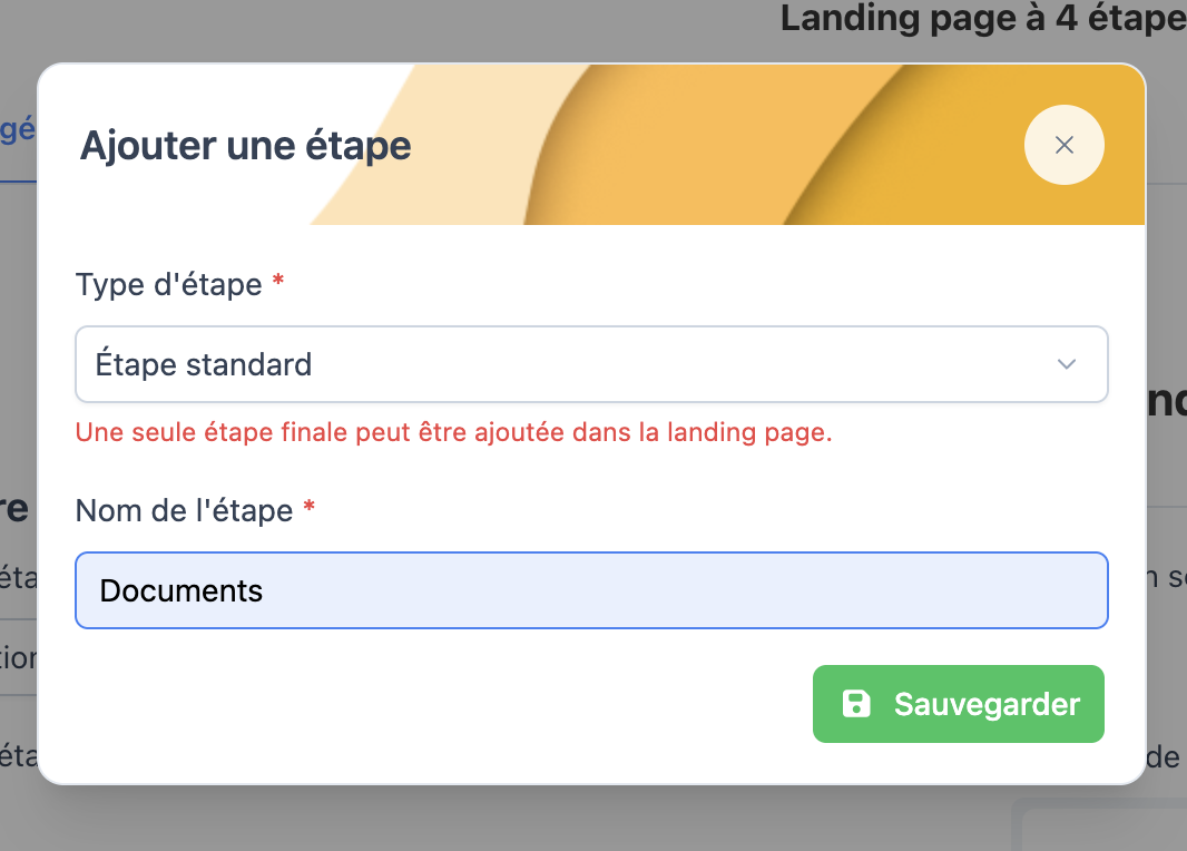 Modale d'ajout d'une étape : type d'étape et nom de l'étape