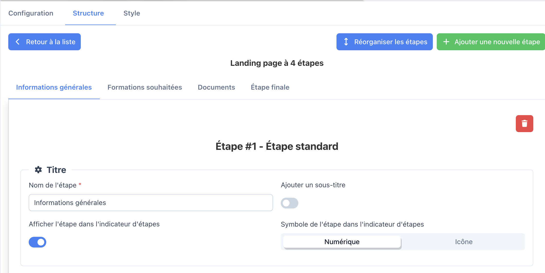 Onglet Titre : nom de l'étape, sous-titre, affichage et symbole dans l'indicateur d'étapes