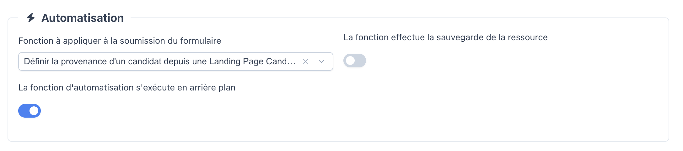 Configuration de l'automatisation d'une étape : fonction personnalisée et sauvegarde