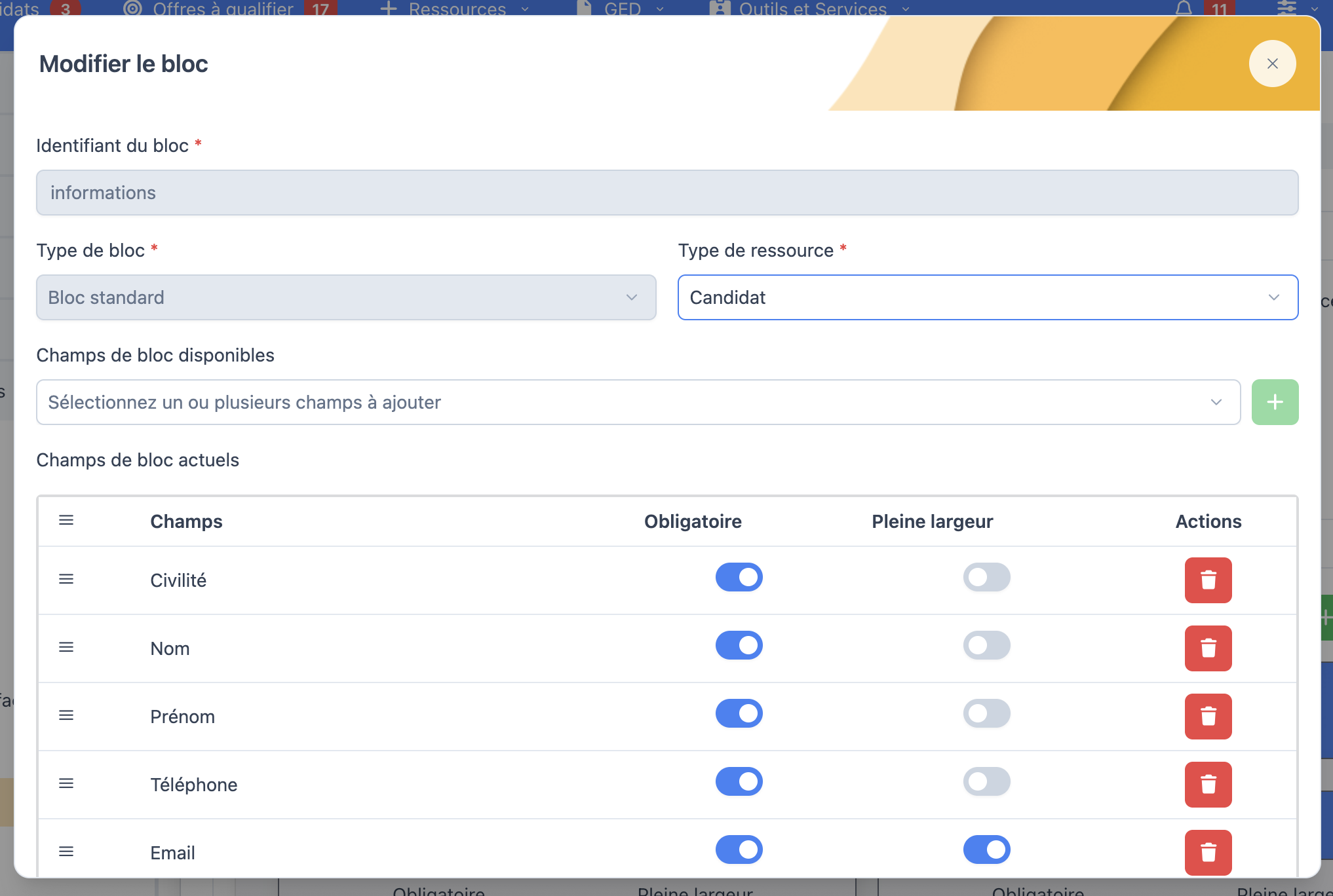 Modale de configuration d'un Bloc Standard : identifiant, type de ressource et champs du bloc