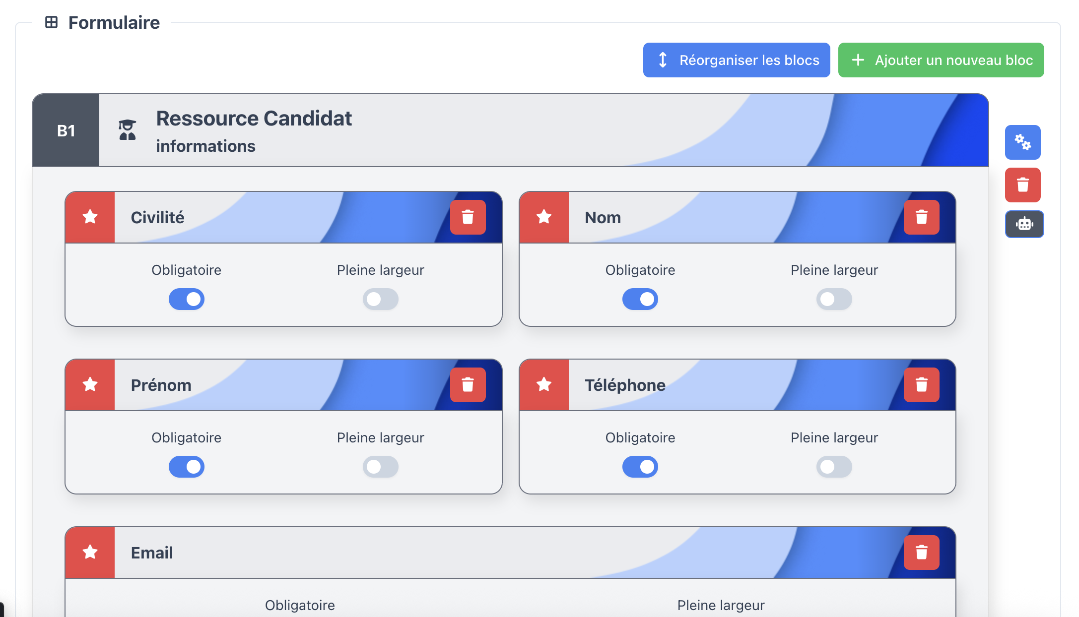 Bloc Standard B1 Ressource Candidat affiché dans le formulaire, avec ses champs et ses actions