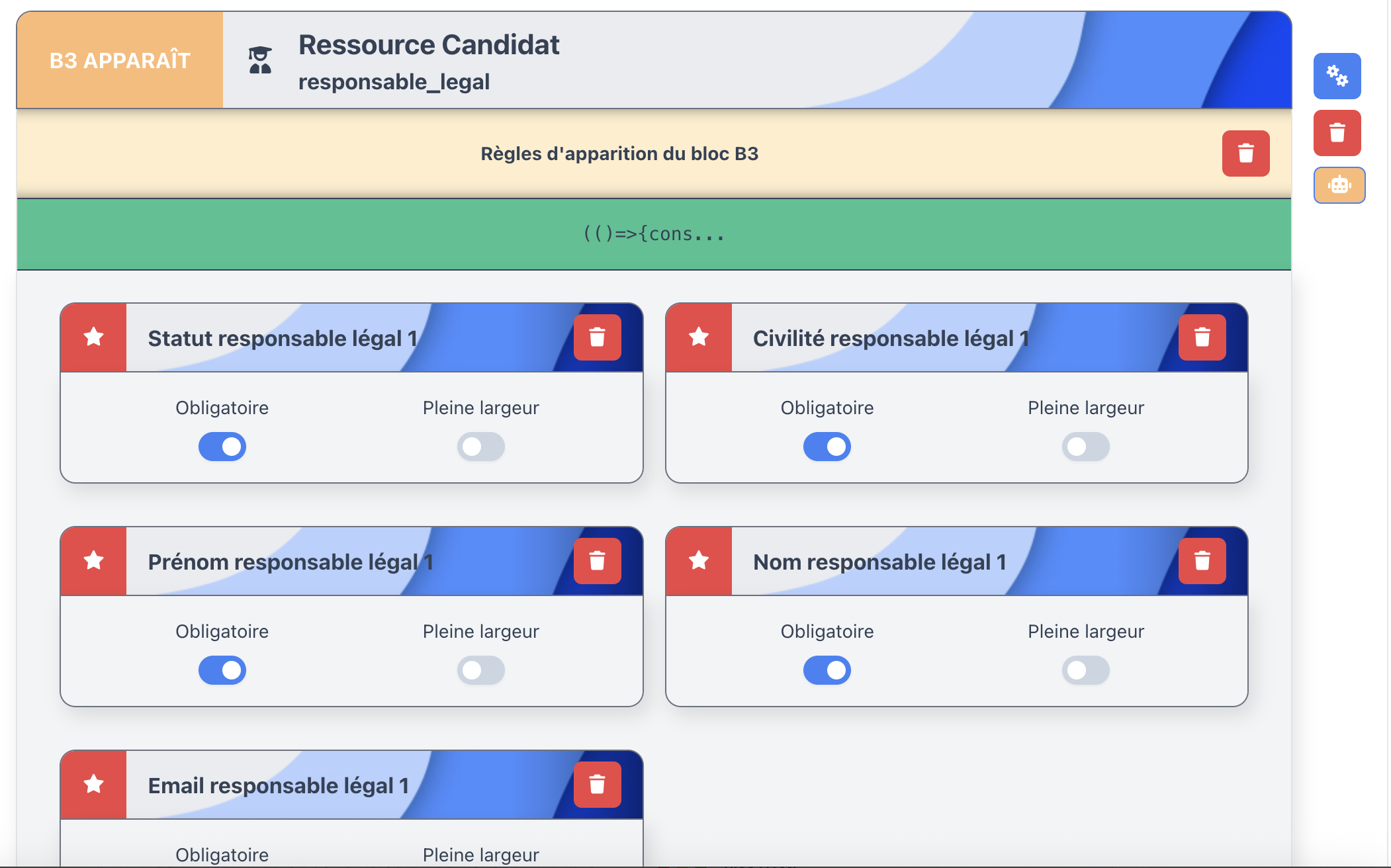 Bloc B3 avec une règle d'apparition JavaScript, exemple du bloc responsable légal