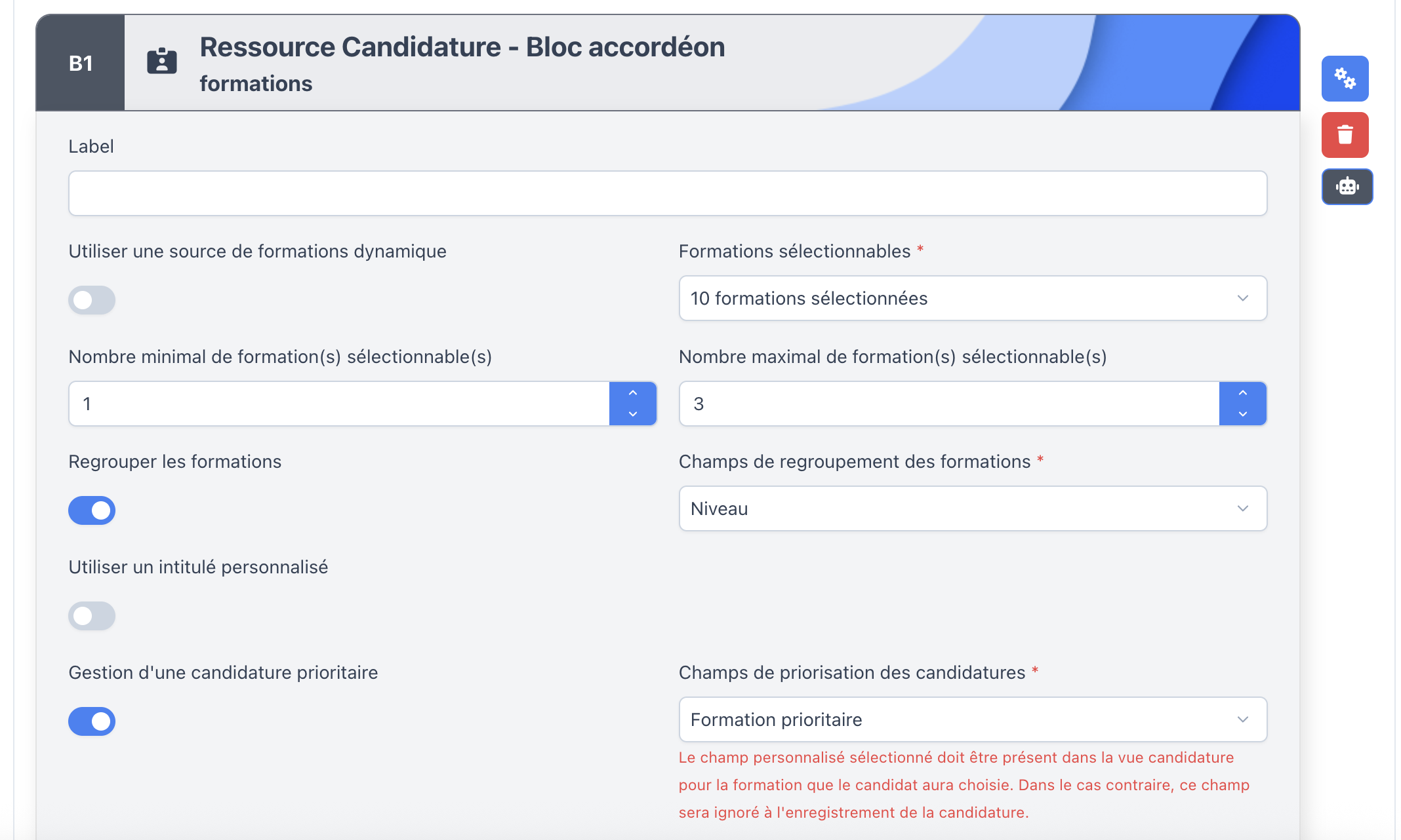 Configuration d'un Bloc Formation en accordéon : sélection, regroupement et priorisation des formations