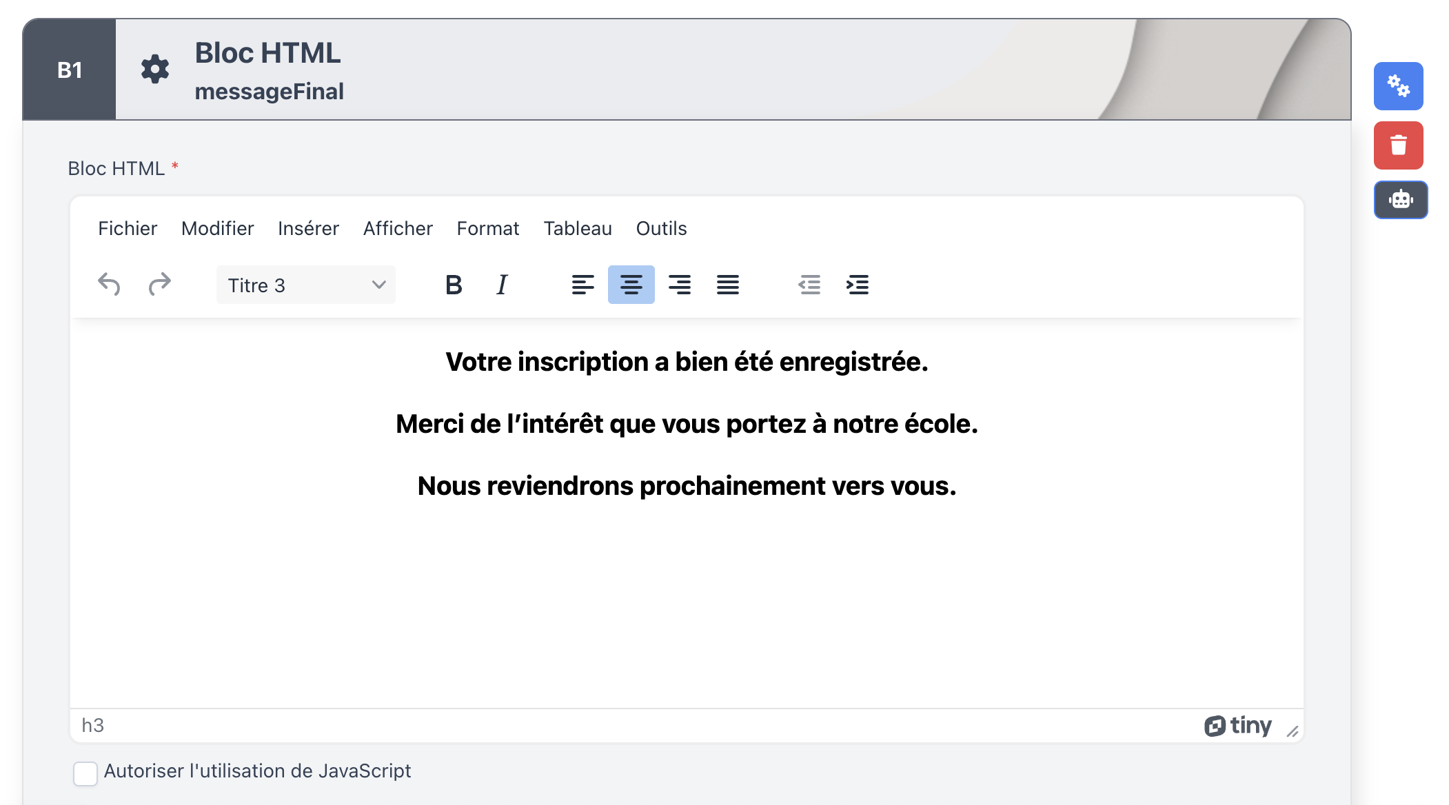 Bloc HTML messageFinal : message de confirmation rédigé dans l'éditeur TinyMCE