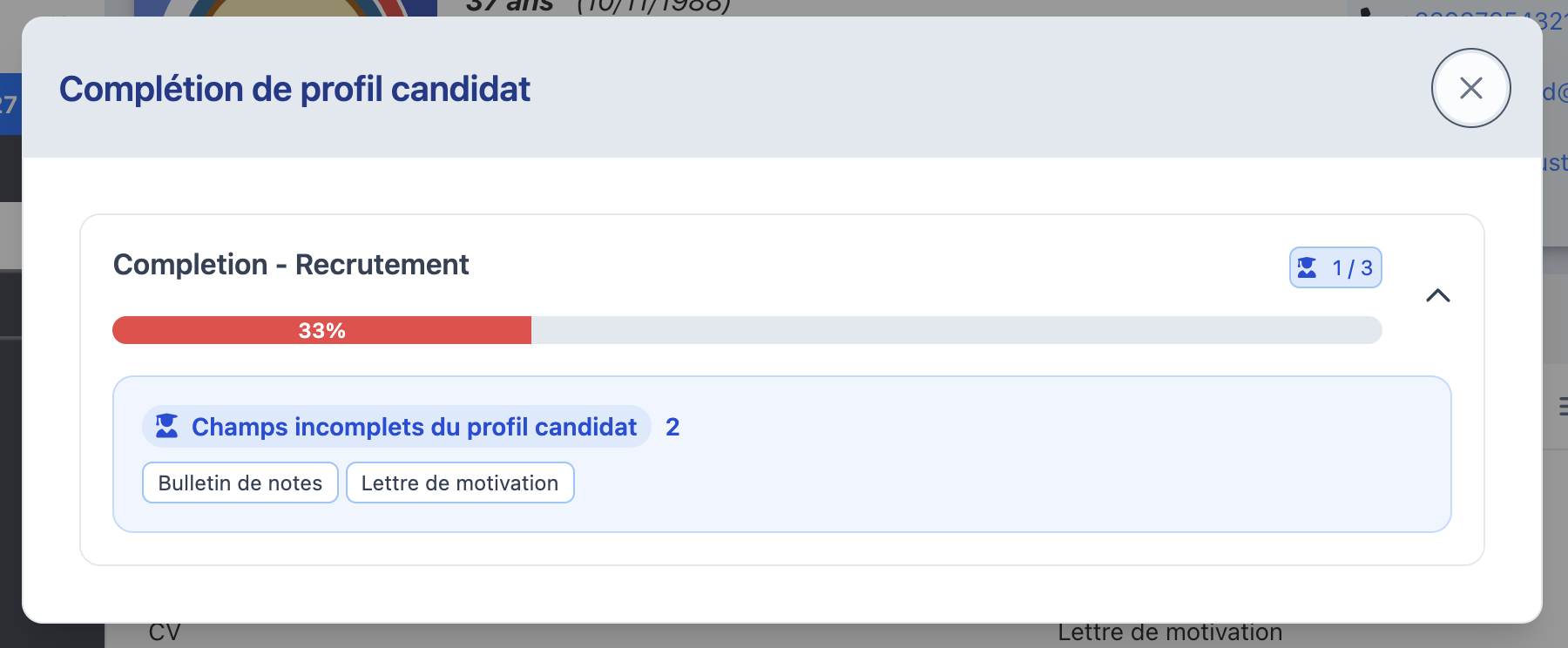 Détail de la configuration Completion - Recrutement avec la liste des champs incomplets