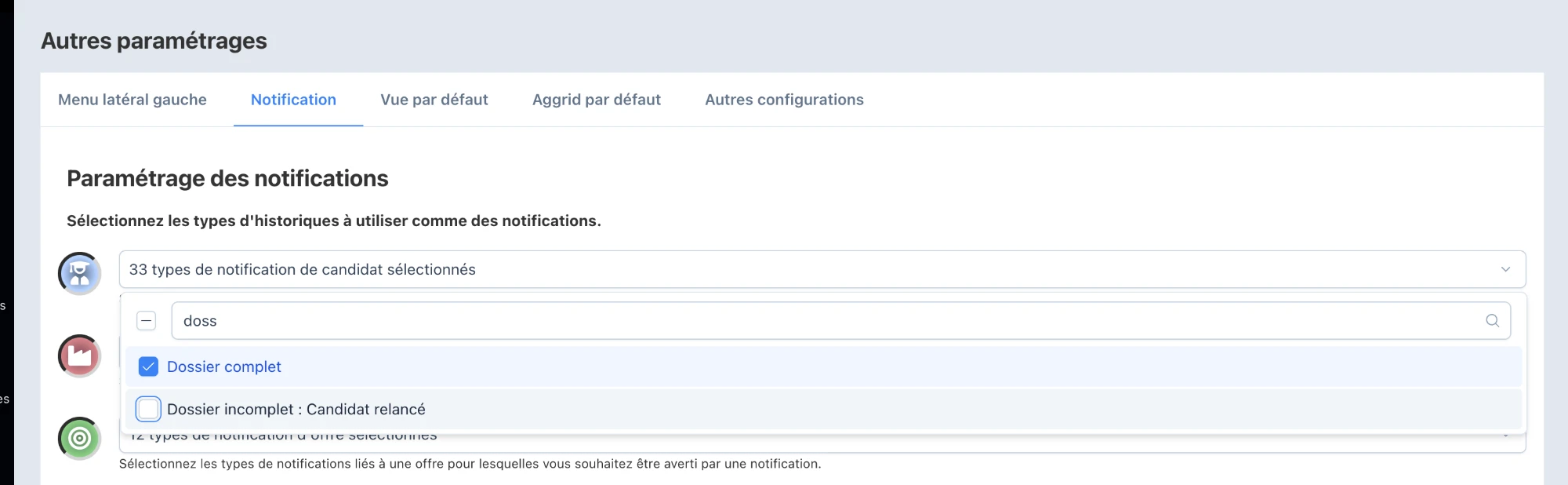 Onglet Notification de My Hub3E : recherche et sélection du type Dossier complet