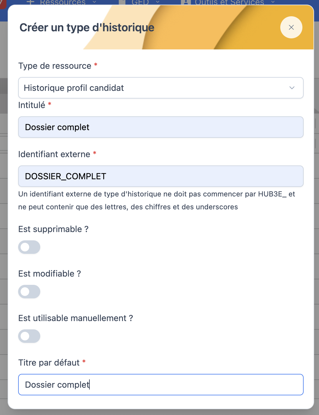 Fenêtre Créer un type d'historique : type de ressource, intitulé, identifiant externe, options et titre par défaut