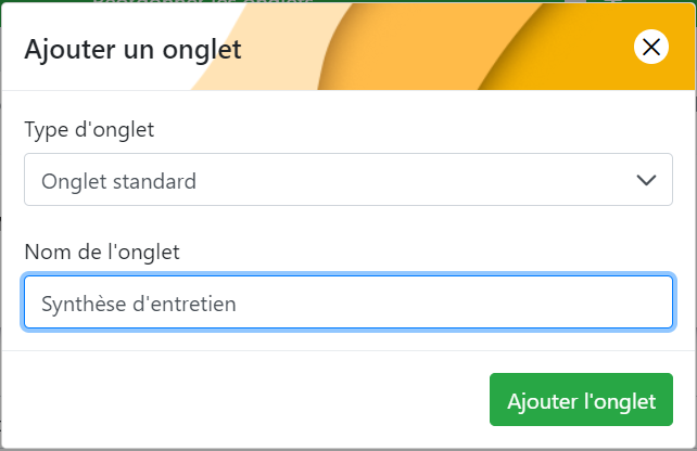 Fenêtre d'ajout d'un onglet, type et nom de l'onglet