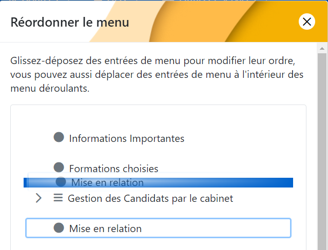 Fenêtre de réorganisation des onglets par glisser-déposer