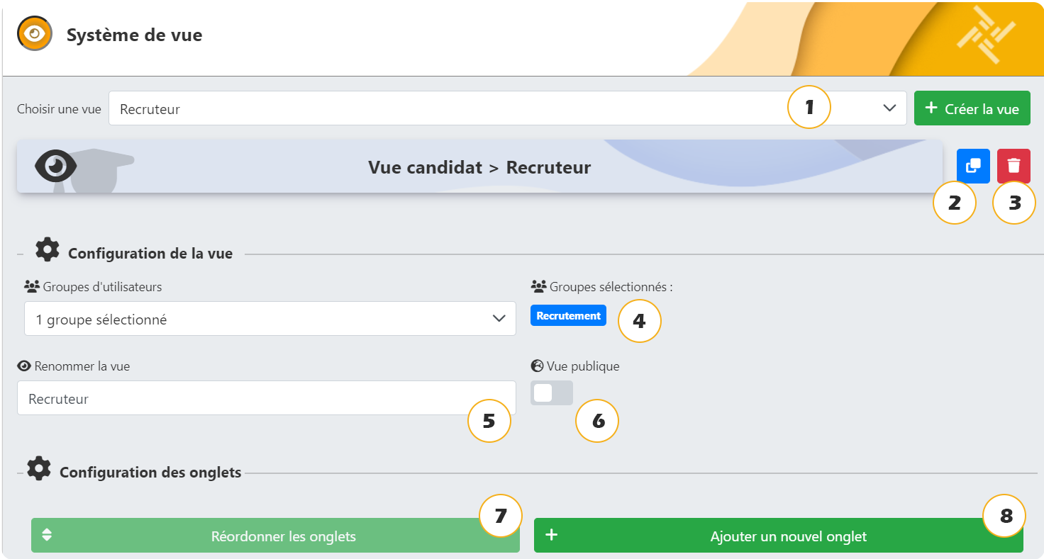 Écran Système de vue annoté avec les 8 actions disponibles