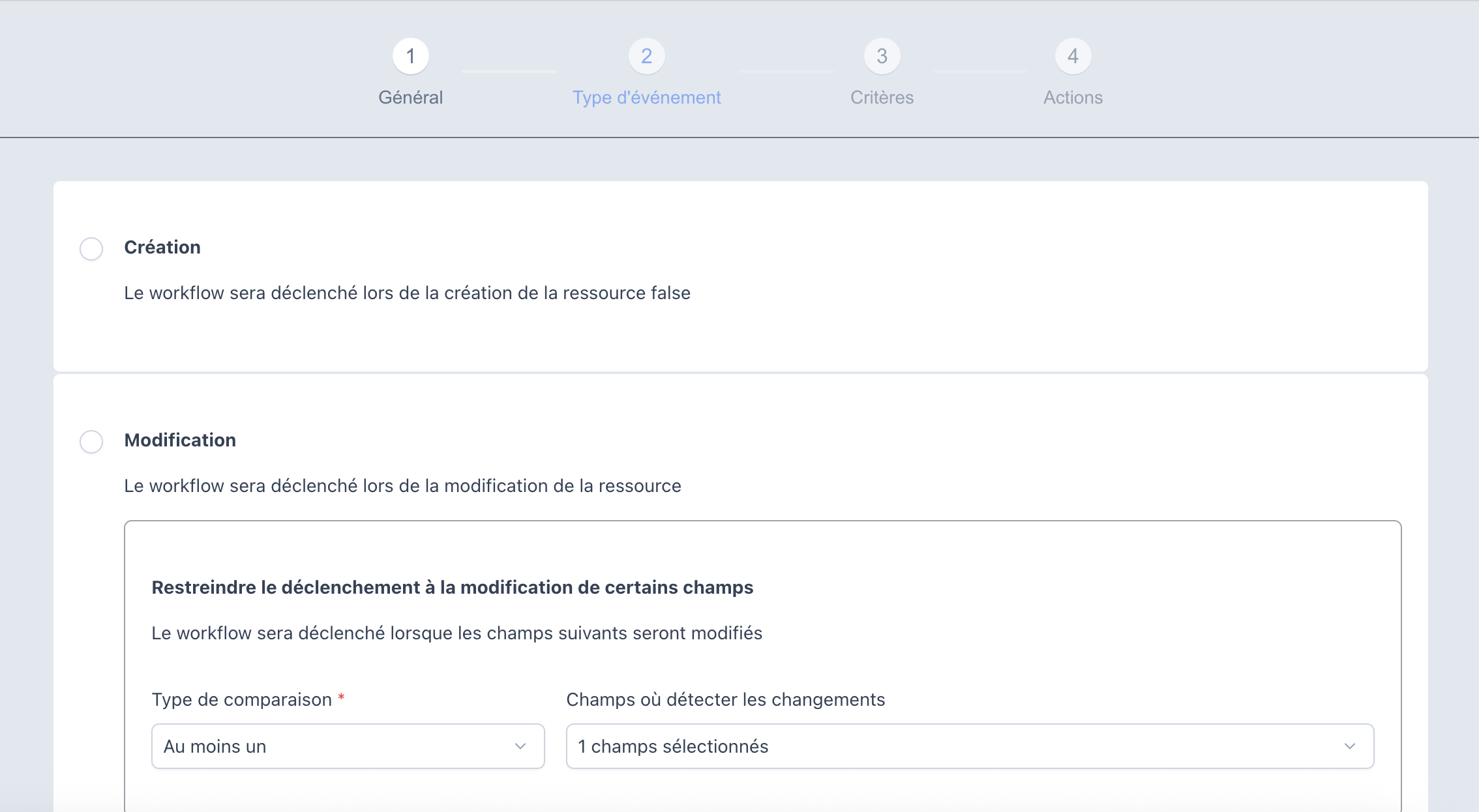 Onglet Type d'événement : options Création et Modification, avec la restriction du déclenchement à certains champs