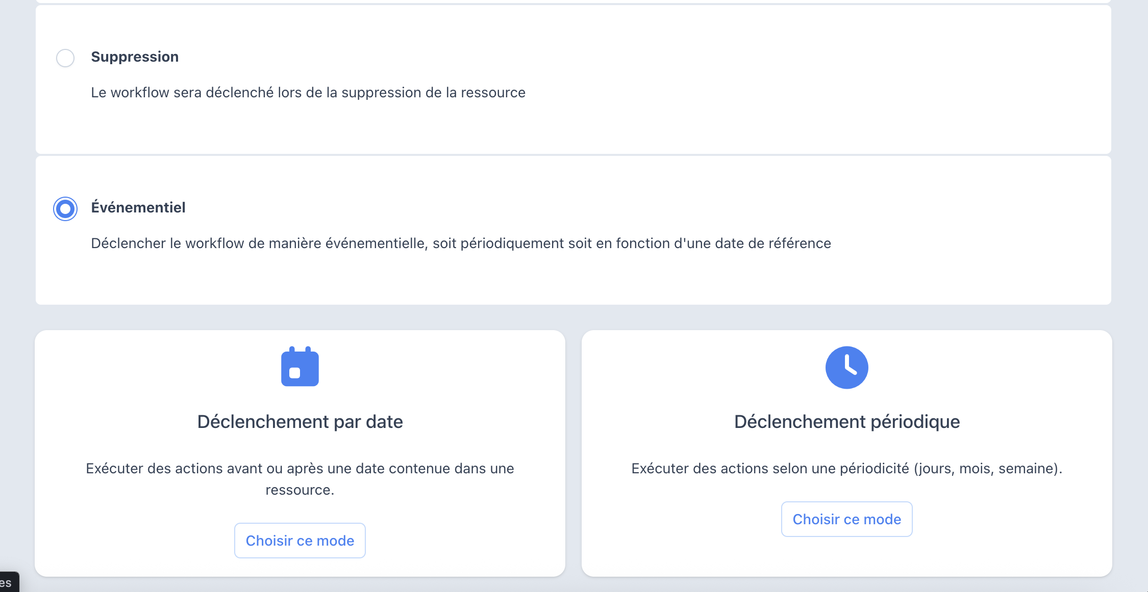 Options Suppression et Événementiel, avec les deux modes Déclenchement par date et Déclenchement périodique