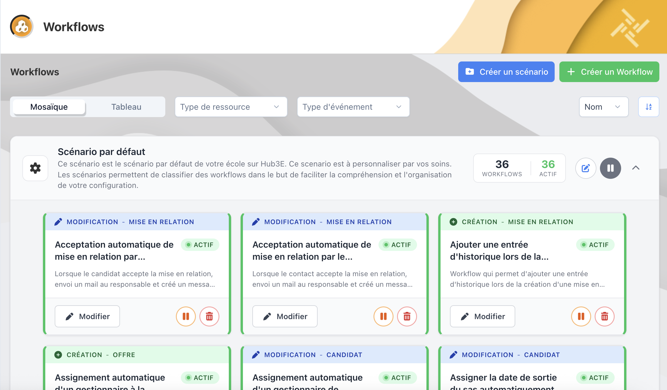 Page Workflows en affichage Mosaïque : Scénario par défaut et cartes de workflows