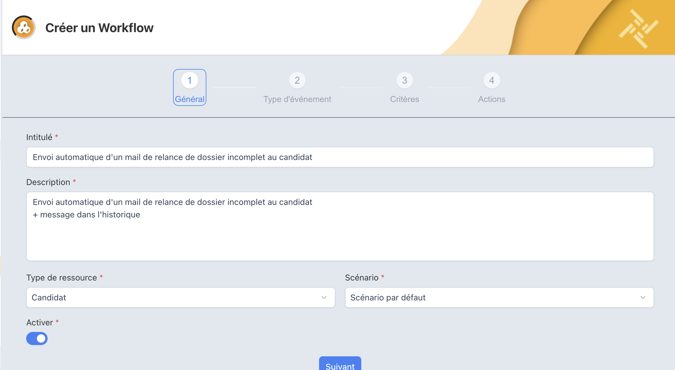Onglet Général d'un workflow : intitulé, description, type de ressource Candidat, scénario par défaut et interrupteur Activer